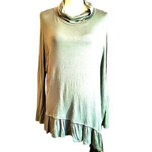 Audge Podge Tunic Top Size M Green Cowl Neck Asymmetric Hem Boho Fairy